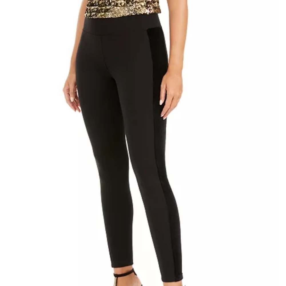 INC Leggings Faux Velvet Side Accent Knit Hi Waisted Size XSmall Black New